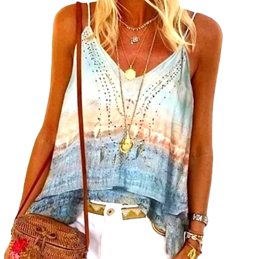 Tie-Dye V-Neck Sleeveless Camisole in Blue and Cream